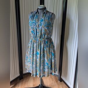 Vintage 00's, H&M gold/turquoise side pockets paisley design buttons lined dress